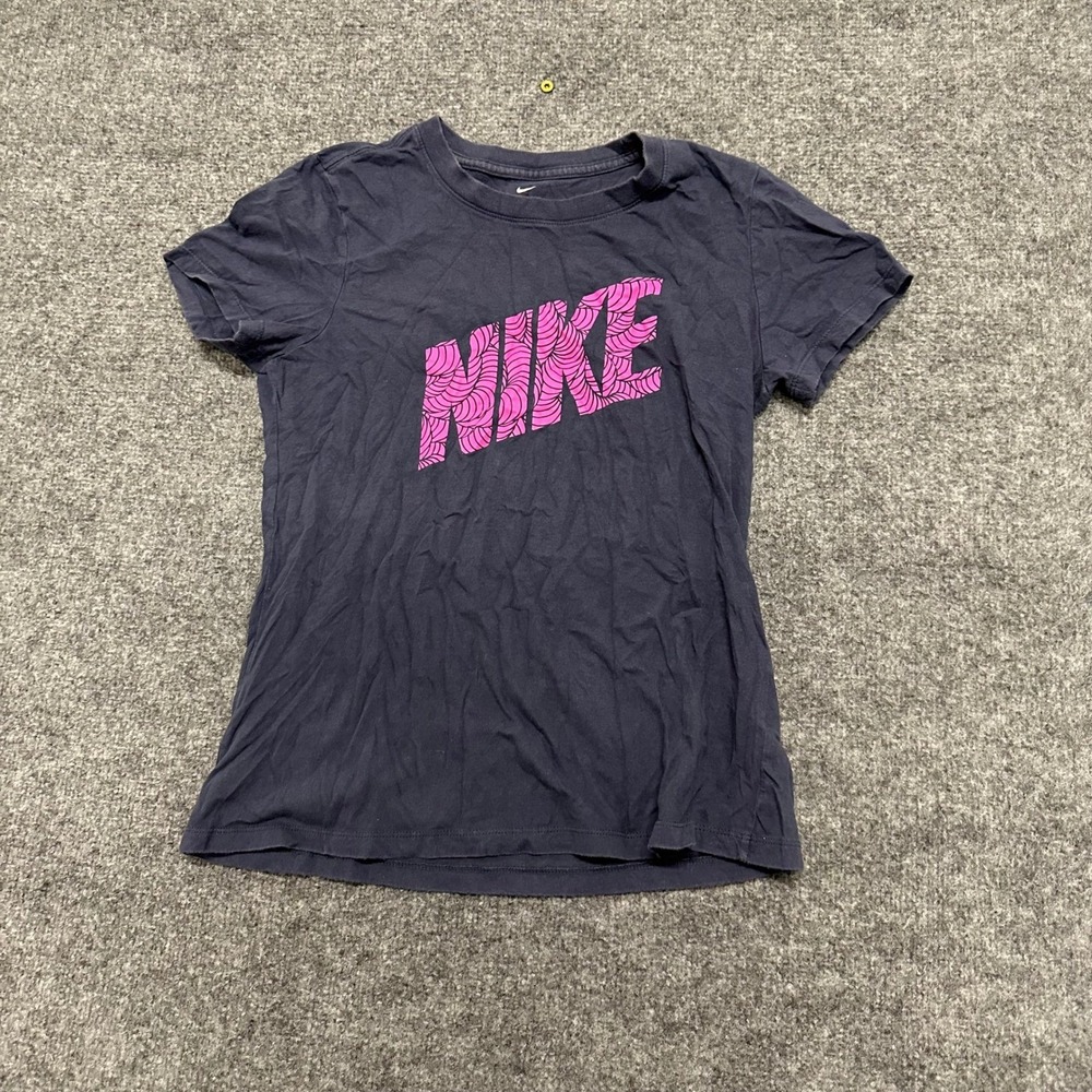 Nike T-Shirt Womens Size S Navy Blue Pink Graphic Logo Short Sleeve Athletic Tee